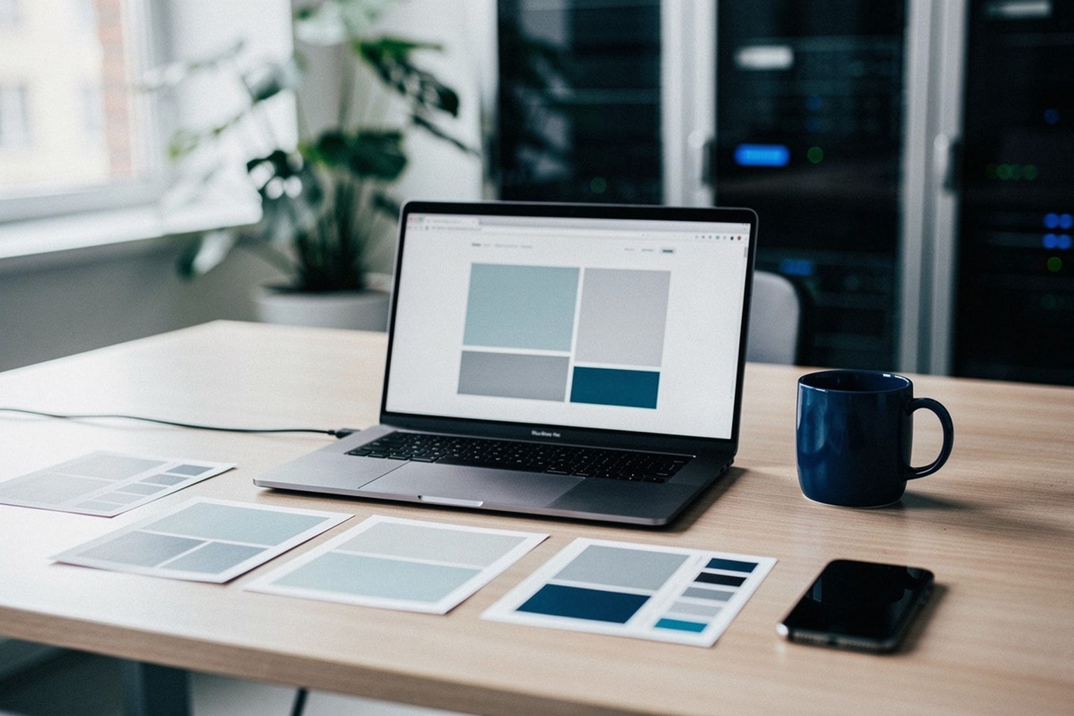 Webdesign-Arbeitsplatz mit Laptop, abstraktem Website-Layout und Farbmustern