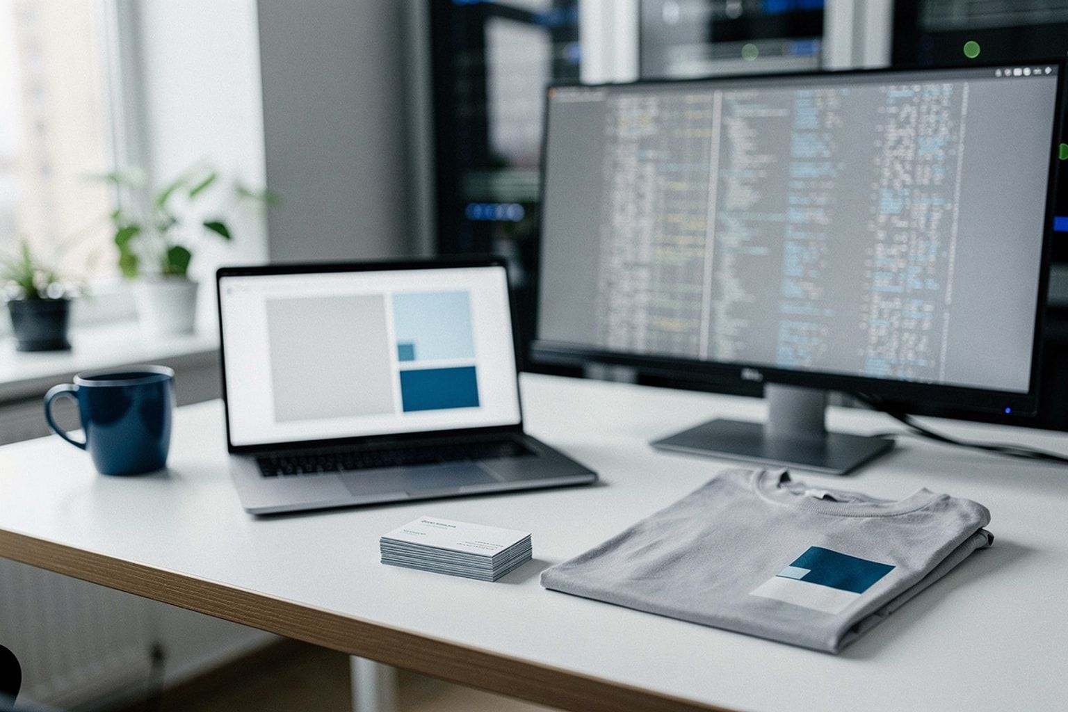 Vier Gewerke auf einem Schreibtisch – Laptop, Monitor, Drucksachen und ein bedrucktes Shirt