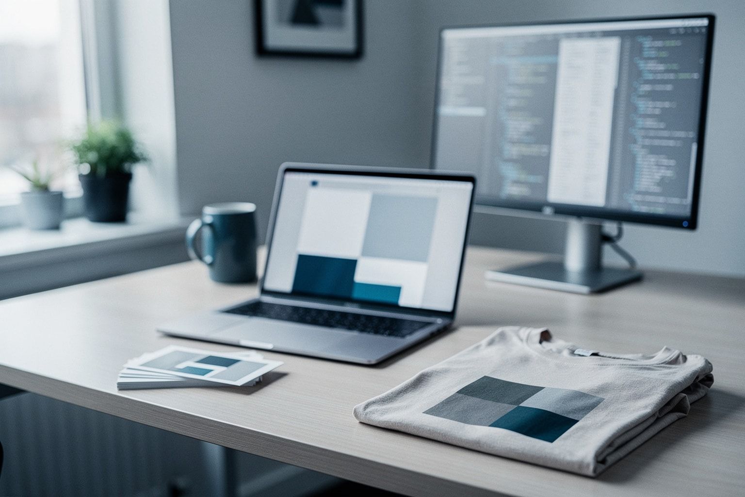 Moderner Arbeitsplatz mit Laptop, Monitoren, frisch gedruckten Karten und einem bedruckten Shirt – die vier Gewerke auf einem Schreibtisch
